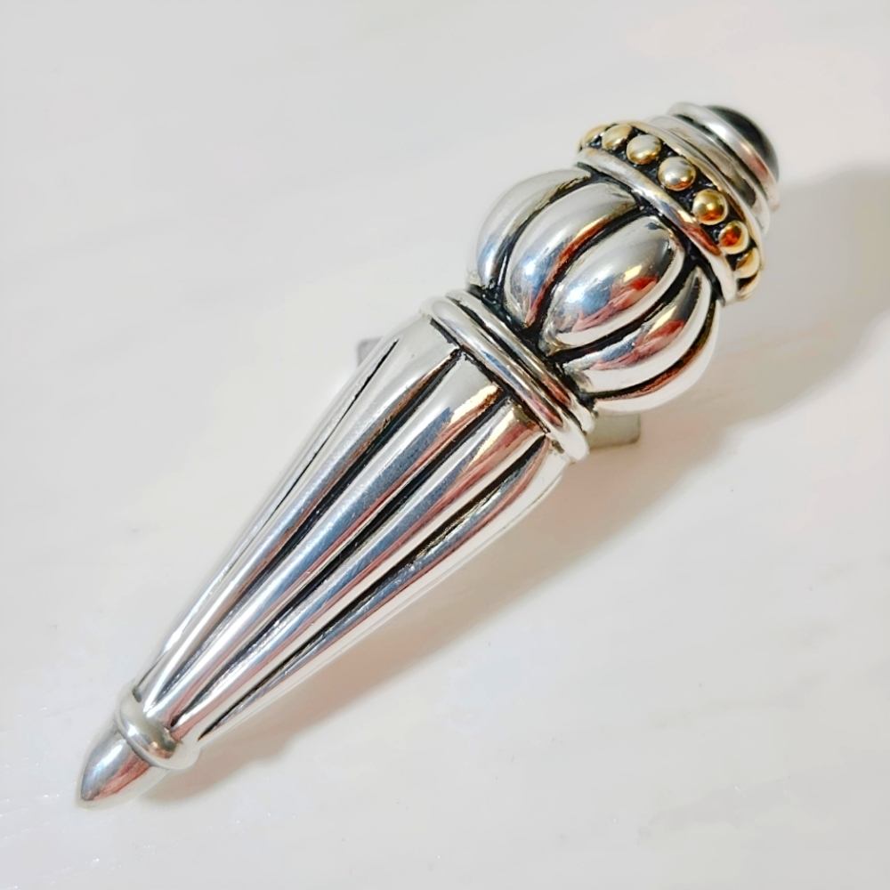 Vintage Pat Airess Sterling Silver Fluted Torch design Black Onyx Brooch Pin